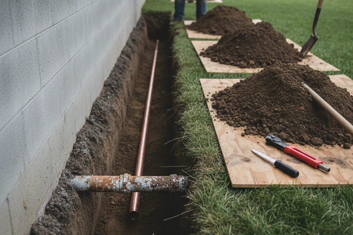 Excavated water line trench during Sewer Line Repair in Oakland City
